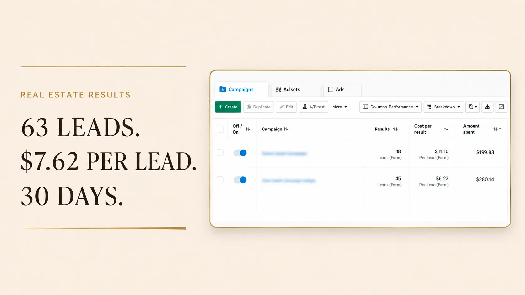 Real estate advertising campaign reporting 63 leads over 30 days